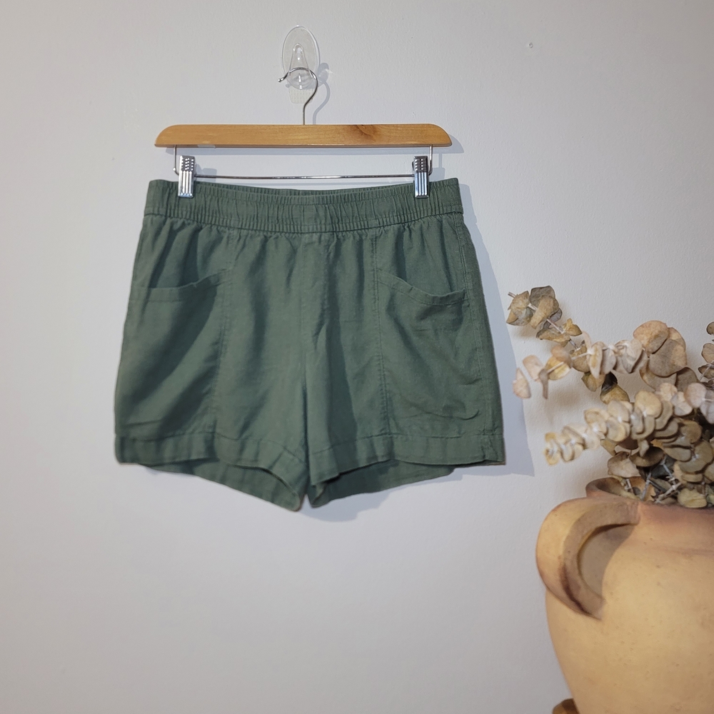 Old Navy High-Waisted Linen-Blend Utility Shorts - Olive Green Sz S Coastal